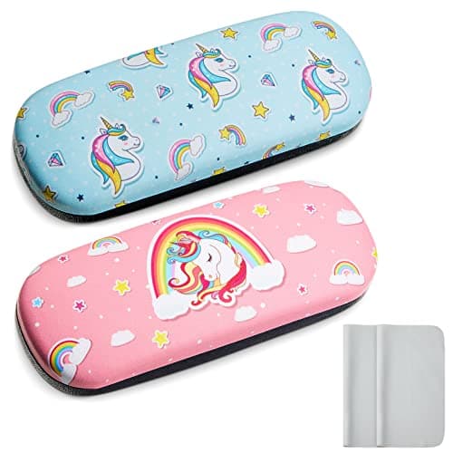 Image of Nezyo Unicorn Glasses Case, 2 Pack Hard Shell Clamshell Eyeglasses Case with Rainbow & Animal Pattern, 2 Pcs Lens Cleaning Cloth for Glasses Protection