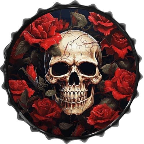 Image of FodPand 1PCS Skull Rose-Red Tin Sign - 11.8 Inch Metal Bottle Cap Wall Art Vintage Beer Decor for Man Cave, Bar, Kitchen & Office, Ready to Hang Round Metal Sign