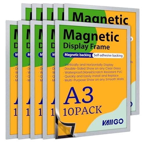 Image of VAIIGO A3 Self-Adhesive Magnetic Display Frame, Magnetic Paper Holder with Strong Magentic Border for Signage, License, Photo, Notice, Document, Menu, Refrigerator Magnetic Frame (10Pack, Silver)