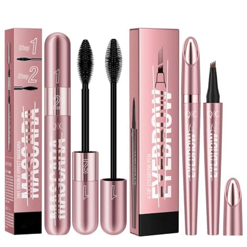 Image of 2 In 1 Black Mascara Waterproof and 4 Tip Dark Brown Eyebrow Pen, Volumising Lengthening Mascara for Bold Lashes Defined Contouring Brows