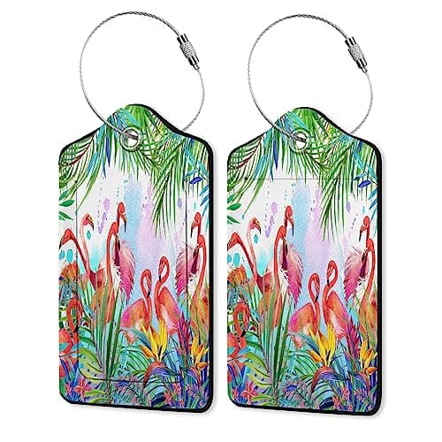 Image of Luggage Tag, Flamingo Luggage Tags for Suitcases with Privacy Name Id Card PU Leather Luggage Tags for Women/Men Travel,Tropical Flowers Leaves