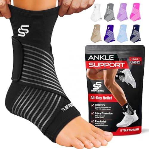 Image of Sleeve Stars Ankle Brace for Women & Men, Ankle Wrap for Sprained Ankle, Compression Sleeve for Plantar Fasciitis Relief, Easy Customizable Support: w/Removable Strap (Single/S:9"-10"/Black)