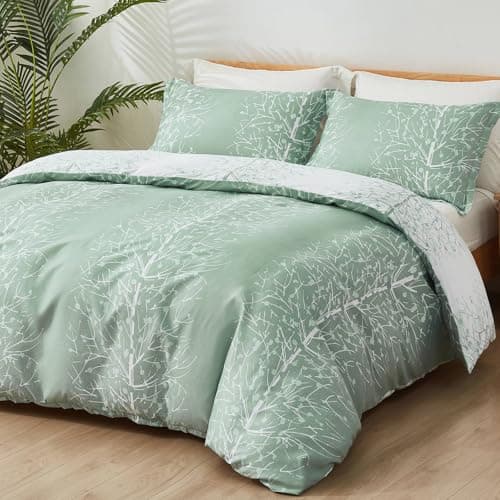 Image of Fondream Green Leaves Duvet Cover King Botanical Reversible Bedding Set Soft Microfiber Bedding Cover with Pillow Cases (King,3Pcs)