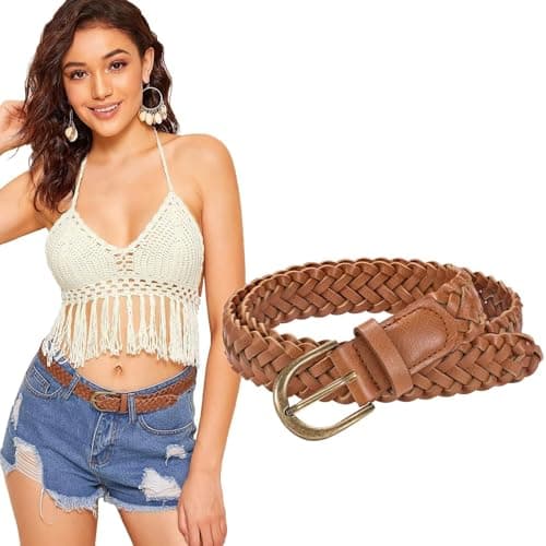 Image of JASGOOD Women's Braided Belt Skinny Casual PU Leather Woven Belt for Jeans Pants,Brown,S