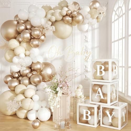 Image of Neutral Baby Shower Decorations, 137pcs Champagne Gold White Balloon Arch with Baby Balloon Boxes, Boho Welcome BABY Beige Party Decorations for Neutral Baby Shower Boy Girl Gender Reveal Christening