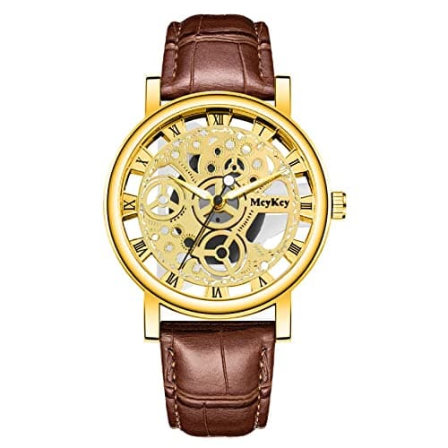Image of Generic Men's Business Luxury Fashion Quartz Watch, Brown Leather Strap, 40mm Round Case, Bottom Hollow Imitation Mechanical Design, Arabic Numerals, Men, Women, Boys