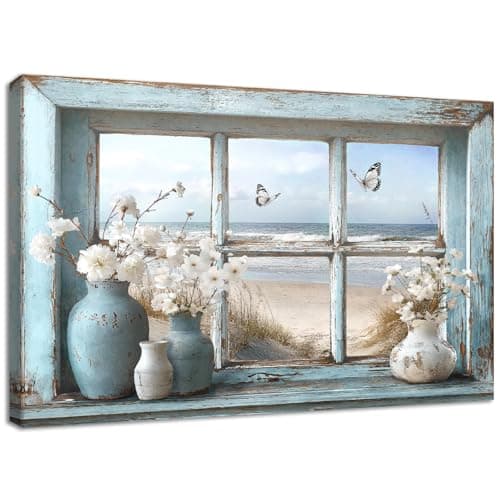 Image of Wooden Framed Canvas Wall Art Window View Coastal Beach Painting on Canvas Prints Jasmine Flower in Vase Butterfly Poster Rustic Floral Pictures for Living Room Bedroom Hallway Wall Decor 40x60cm