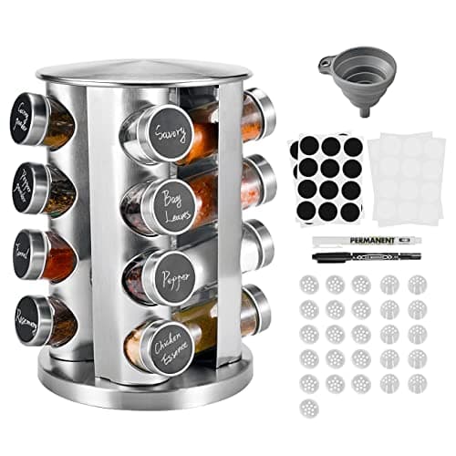 Image of Miorkly Rotating Spice Rack Organiser with 16 Spice Jars, Thick and Strong Spice Racks Free Standing Carousel Spice Storage Can Rotated 360°, 16 Glass Spice Jars for Cooking Revolving Spice Rack