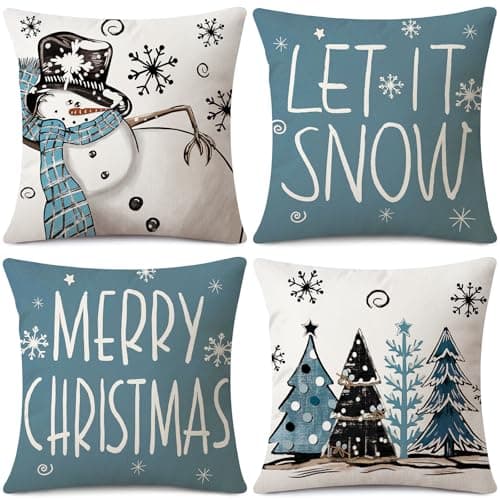 Image of Sungeek Merry Christmas Cushion Covers 45x45 cm Set of 4, Snowman Let it Snow Christmas Tree Blue Pillow Covers Winter Holiday Xmas Decorative Throw Pillow Cases for Sofa Couch Bedroom Living Room