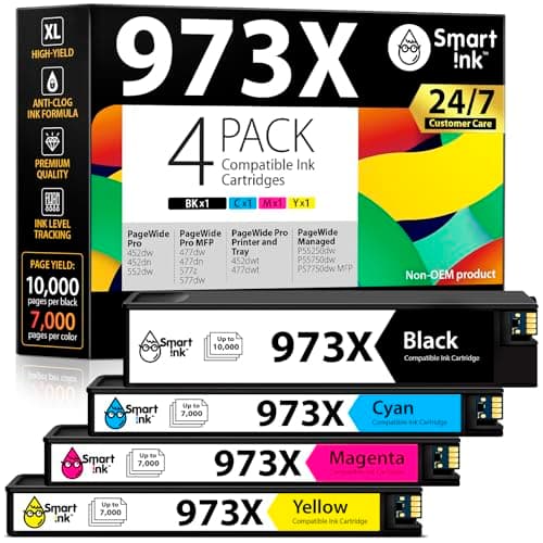 Image of Smart Ink Compatible Ink Cartridges Replacement for HP 973X 973 973XL 4 Combo Pack (Black & Cyan, Magenta, Yellow) to use with HP PageWide Pro 477dw 577dw 452dw 477dn 452dn 577z 552dw P55250dw Printer