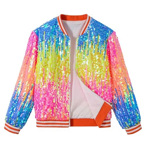 Image of LOLANTA Girls Sequin Bomber Jacket with Pockets Zipper Long Sleeve Sparkle Baseball Jackets, Ombre orange pink, 5-6 Years, 120