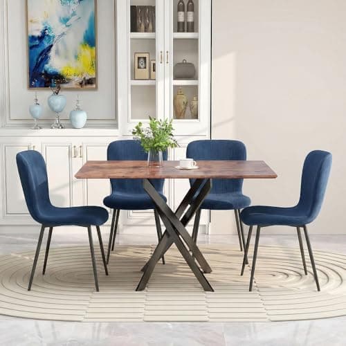 Image of GOLDFAN Wooden Dining Table and 4 Navy Chairs Rectangular Industrial Style Kitchen Table and Velvet Upholstered Chairs for Home, Office
