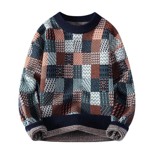 Image of Generisch Pullover Men's Crochet Jumper Winter Sweater Knitted Jumper Wool Pullover Oversize Sweatshirt Long Jumper Cashmere Autumn Checked Colourful Without Hood Print Vintage Jumper, O Navy, 3XL