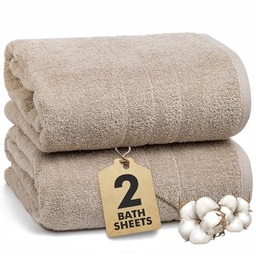 Image of Novo Home Bath Sheets - Extra Large Bathroom Sheet Set – Pack of 2 Jumbo Towels Beige (90x180cm) – 100% Cotton Soft Quick Dry Large Bath Towels for Adults Hotel Spa Bathroom Use