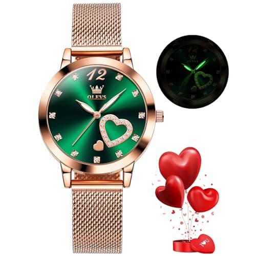 Image of OLEVS Ladies Watch Japanese Quartz Rose Gold Stainless Steel Mesh Strap Diamond Luxury Dress Waterproof Luminous Bracelet Sets
