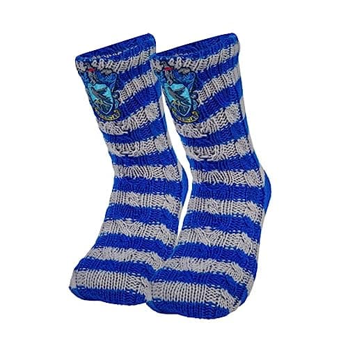 Image of Merchoid Harry Potter Ravenclaw Slipper Socks - House Crest Embroidered - Blue Grey Striped Cosy Footwear - HP Gifts for Women Men Adults Kids