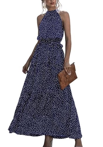 Image of EFOFEI Lady's High Neck Halter Dress Party Boho Boho Dress Sleeveless Summer Long Dress Off Shoulder Elegant Dress Dot Navy Blue L