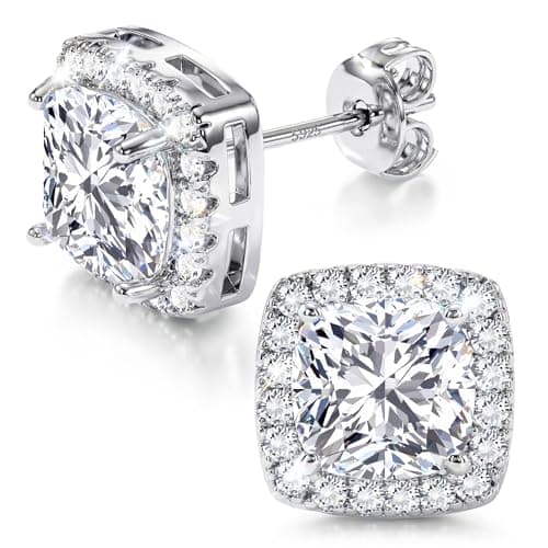 Image of ORAZIO 925 Sterling Silver Stud Earrings for Women Men Round Simulated Diamond Halo Earrings Square Heart Cubic Zirconia Stud Earrings Dainty Bridal Earrings Jewelry for Brides Bridesmaids Wedding