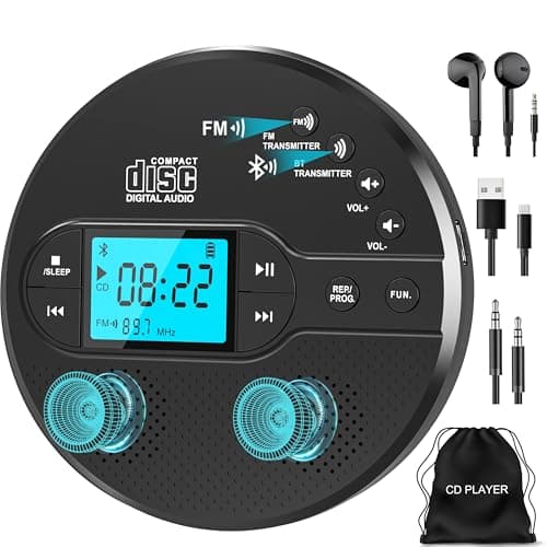 Image of Greadio NEW Portable CD Player with Bluetooth, Discman CD Player with 2000mAh Rechargeable Battery, Compatible FM Transmitter, USB, AUX, Personal MP3 Players Anti-Skip Protection for Car (Black)