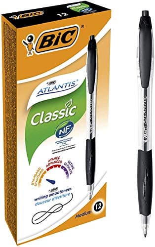 Image of Bic Atlantis Clic Ball Pen - Black - Box of 12 Medium Point Office Pens (1.0 mm) - Retractable with Cushioned Grip 887132