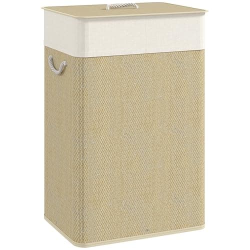 Image of HOMCOM Bamboo Laundry Basket with Lid, 72L Laundry Hamper with Rope Handles, Washing Basket with Removable Washable Liner Bag for Bathroom, Bedroom, Nature Wood Finish