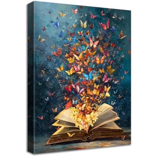 Image of Wooden Framed Canvas Wall Art Colourful Butterfly Book Flower Painting on Canvas Prints Poster Vintage Aesthetic Library Pictures for Living Room Reading Room Hallway Corridor Wall Decor 30x40cm
