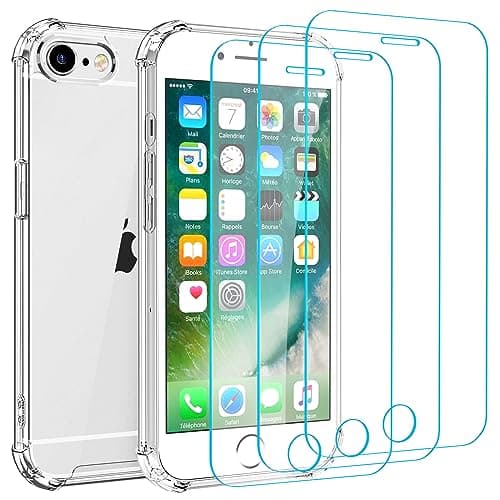 Image of Whioltl Case for iPhone 6 and iPhone 6S with 3 Pack Tempered Glass Screen Protectors, Crystal Clear Phone Cover, Anti-Scratch, Shock-Absorption, Transparent Basic Case Compatible with Wireless Charger
