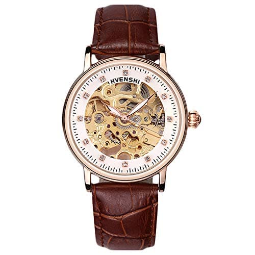 Image of RORIOS Automatic Mechanical Watch for Women Luminous Simulated Diamond Skeleton Ladies Watches, Brown B, Strap