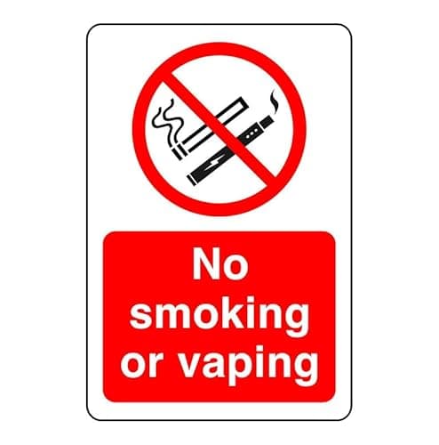 Image of Safety First Display LTD No smoking or vaping sign - 1.2mm Rigid plastic for indoor/outdoor usage (200mm x 150mm) Viewing Distance within 5m.