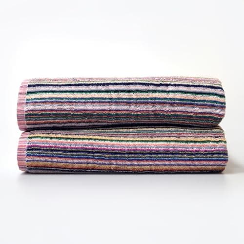 Image of Odyssey 100% Recycled Cotton Bath Sheet Set - Multi Coloured Remnant Yarn Stripe, Absorbent, Quick Dry, 2 x Large Bath Towels 90 x 150cm, Lightweight 400GSM