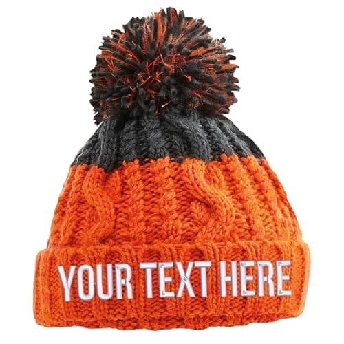 Image of Purple Print House Embroidered Apres Beanie Bobble Hat Custom Text Personalised Writing Winter Autumn Skiing Two Colour, One Size, Orange/Grey
