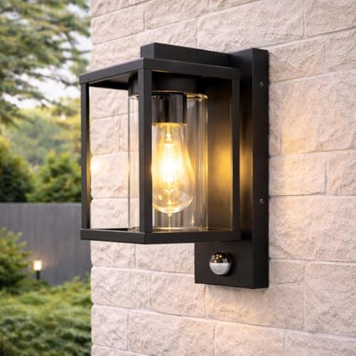 Image of CGC Lighting Outdoor Outside Wall Light Black Modern, E27 Bulb, Mains Powered, Garden, Porch, Patio (Black PIR)