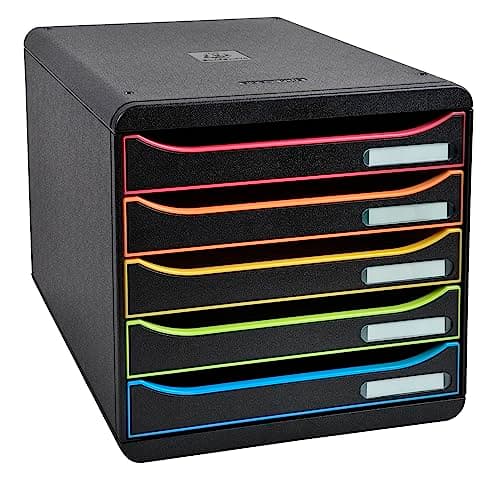 Image of Exacompta - Ref 309914D - BIG-BOX PLUS Desktop Drawer Set - 5 x 43mm Drawers, Suitable for A4+ Documents, 347 x 278 x 271mm, 100% Recycled Plastic - Black/Harlequin/Black