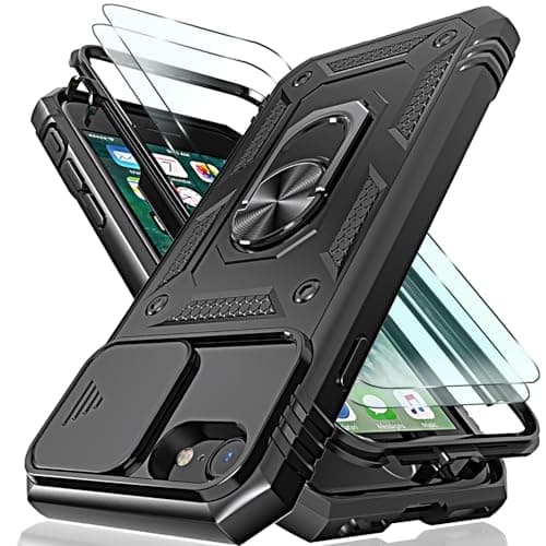 Image of HpulaCase for iPhone SE 2022 / SE 2020, iPhone 8 & iPhone 7 Case with Camera Cover Slider, 2*Screen Protectors,Build in 360°Rotating Ring Kickstand, Military Grade Protective Case for iphone 8-Black