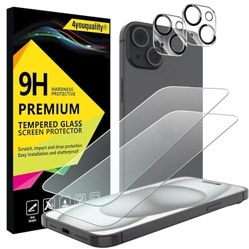 Image of 4youquality [4-in-1 Screen Protector for iPhone 15 Plus with Camera Lens Protector, Tempered Glass Film, 2-Pack Each, [LifetimeSupport][Impact-Resistant][Anti-Scratch][Ultra-Transparent]
