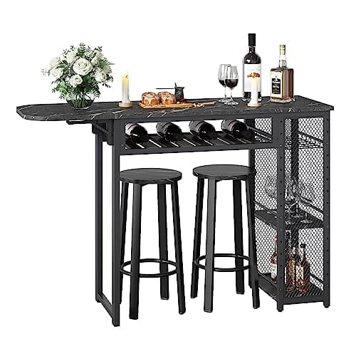 Image of Bestier Bar Table and Chair Set, Expandable Dining Table with 2 Bar Stools, Industrial Kitchen Counter with Wine Rack & 3 Tier Adjustable Storage Shelves (Black)