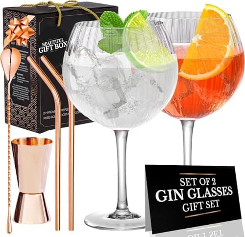 Image of Vemacity Ribbed Gin Glasses Set of 2 (550ml) | Crystal Balloon Gin & Tonic Glasses with Rose Gold Jigger, Spoon & 2 Metal Straws | Luxury Cocktail & Aperol Spritz Glass Gift Set | Ideal for Gifting