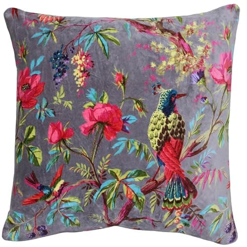 Image of Paoletti Paradise Square Cushion Cover - Mink Colourful Bird Print Velvet Feel Cotton Fabric (50 x 50 cm, Pack of 1)
