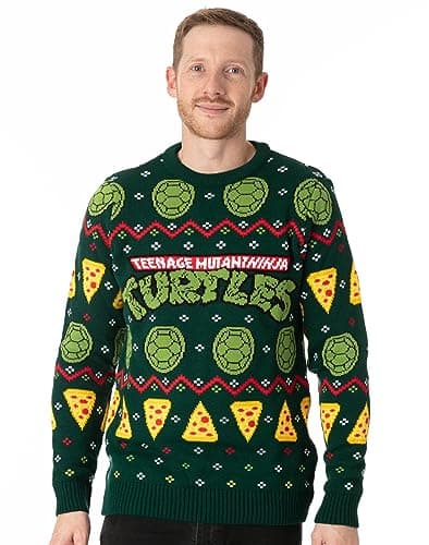 Image of Teenage Mutant Ninja Turtles Christmas Jumper Adults | Mens Ladies Michelangelo Leonardo Donatello Raphael | Festive Traditional Green Fairisle Knitted Sweater
