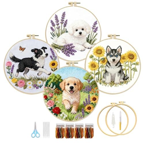 Image of SHUOBAO Cross Stitch Kits for Adults – 4 Pack 11CT Stamped Cross Stitch Kit for Beginners with 2 Hoops & Threads, Easy DIY Embroidery Starter Craft Set, Printed Designs for Home Decor & Gift
