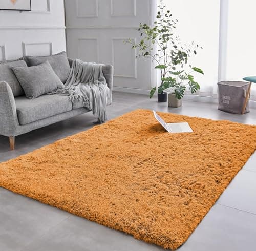 Image of AMEHA Ochre Rug 160x230 cm Shaggy Fluffy Soft Non Slip Large Area Rug Yellow Living Room Non-Shedding