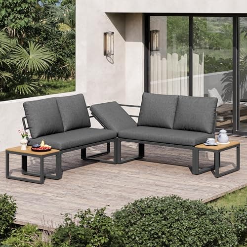 Image of BTM Garden Furniture Set 4-5 Seater with Corner Sofa, Lounge Chair and Convertible Coffee Table Patio Conversation Set, Linen, Grey