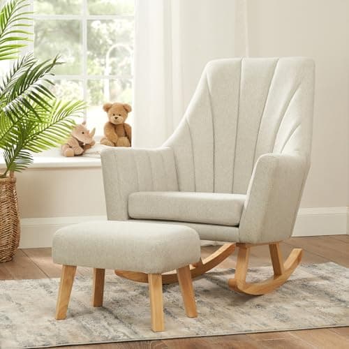 Image of Tutti Bambini Jonah Baby Rocking Chair with Foot Stool - Nursing Chair with Ergonomic Backrest & Armrest for Comfortable Cradling & Feeding, Soft-Touch Rocking Chairs for Adults (Pebble Grey)