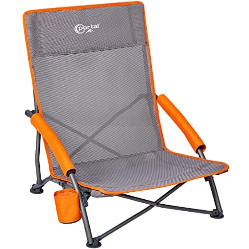 Image of Portal Folding Beach Chair Low Lightweight Portable for Adults Foldable Beach Seat Camping Festival Picnic Deck Chair Outdoor Collapsible with Cupholder Mesh Back Padded Armrests Supports 150KG