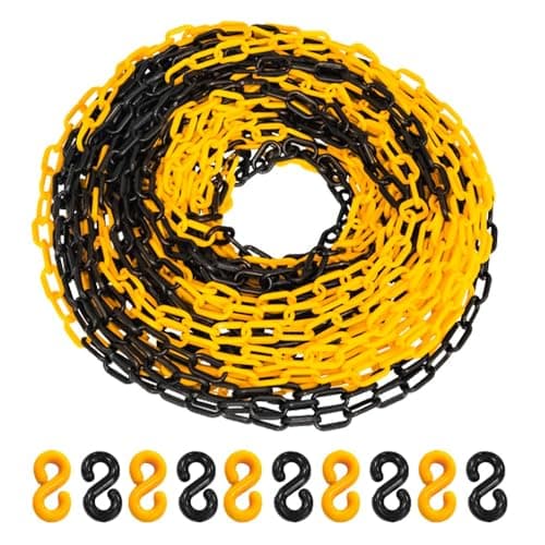 Image of Berry 25 Meter 6MM Plastic Chain - Yellow & Black | Plastic Chain Link Roll with 10 Connector S-Hooks | Safety Chain for Construction, Road Safety, Caution Sign, Parking Chains