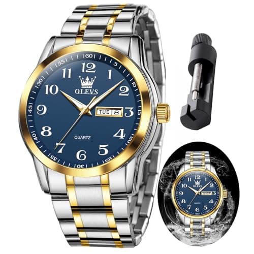 Image of OLEVS Watches for Men Classic Silver Fashion Male Watch Two Tone Stainless Steel Business Dress Casual Wrist Watch Calendar Waterproof Blue White Black Date Dial