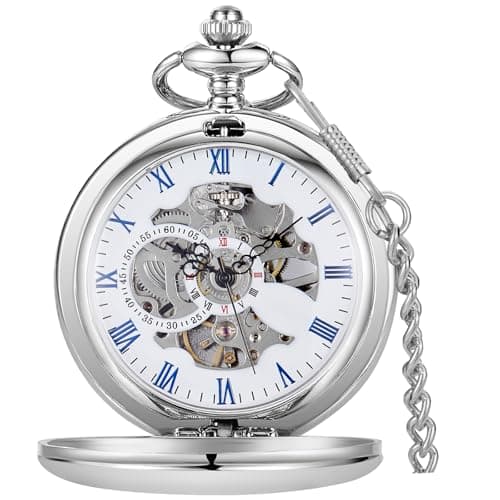 Image of Tiong Vintage Smooth Steel Skeleton Stylish Silver Full Hunter Mechanical Pocket Watch with Chain for Men Women
