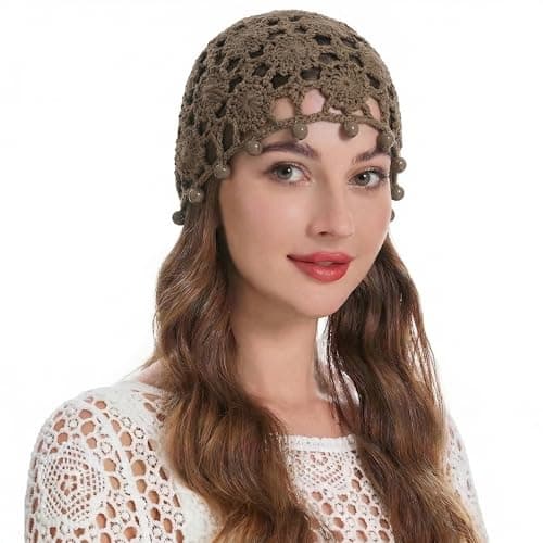 Image of ZLYC Women Cotton Crochet Skull Cap Handmade Knit Cutout Floral Beanie Hat(Bead Tan),One Size