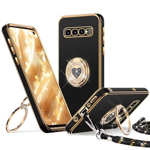 Image of XYZ for Samsung Galaxy S10 Case with Stand, S10 Phone Case with Lanyard for Women Girls, Double Ring Bling Luxury Heart Protective Phone Case for Samsung S10, Black
