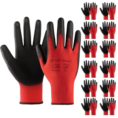 Image of Velway 12 Pairs Safety Work Gloves - Firm Grip Gardening Gloves Non-Slip PU Coated Lightweight Breathable Protective Mechanic Builders Working Gloves Men Women for General Duty Work Red (Size 9/L)